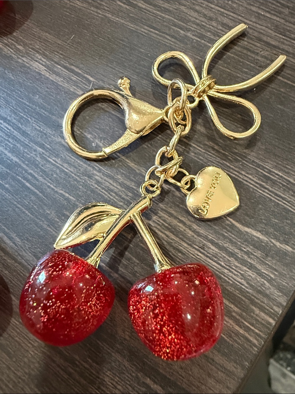 Love Gold-Tone Cherry Keychain with Red Glitter Cherries one only